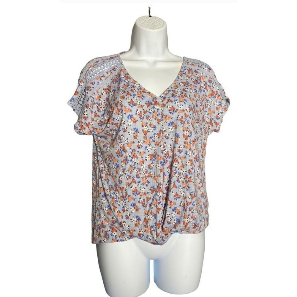 Como‎ Vintage Light Blue Floral Knit Peasant Top Front Waist Knot Shirt Medium